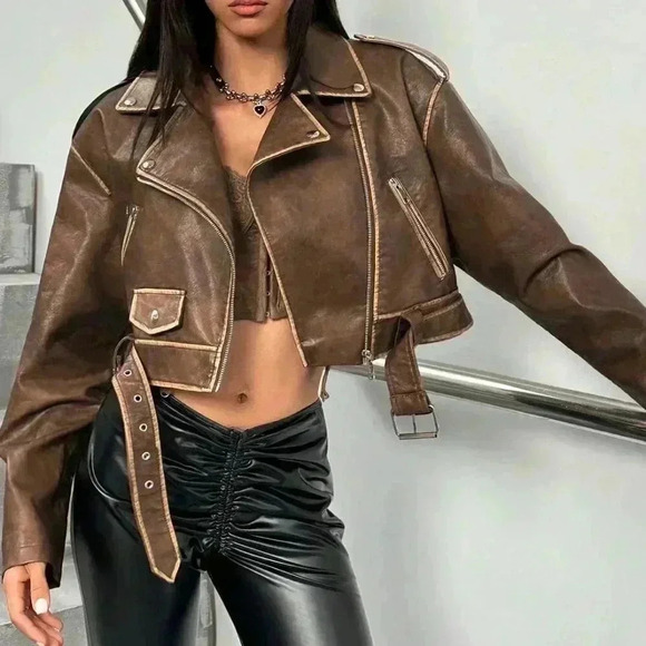Jackets & Blazers - Brown Casual Women's Washed Fabric Moto Jacket